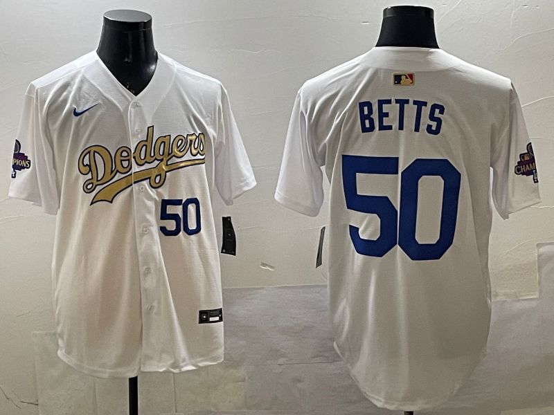 Men Los Angeles Dodgers 50 Betts White Champion gold character 2025 Nike MLB Jersey style 3318